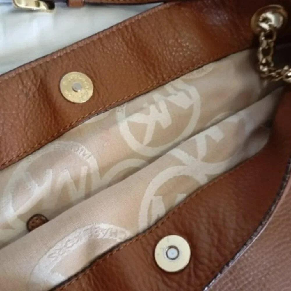Michael Kors Brown Leather Shoulder Bag With Chain Straps & MK Logo Lining Women